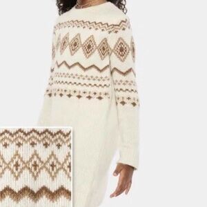 The Children's Place Fair Isle Nordic Sweater Dress Girls L 7/8 Cream Brown NWT